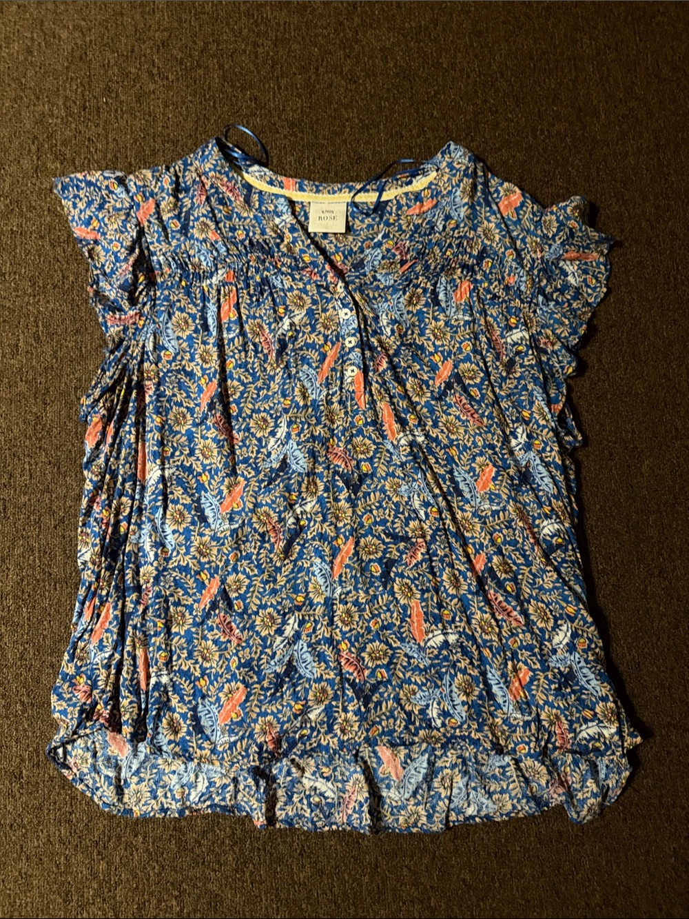 Velvet by Graham & Spencer Blue Floral Short Ruffle Sleeve Blouse